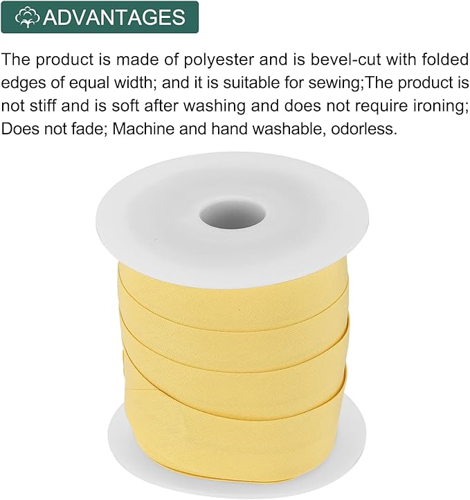 MECCANIXITY 1 Inch Single Fold Bias Tape Cotton Continuous Bulk Bias Tape for Sewing,Seaming Quilting Hemming Binding Crafts (Lemon Yellow 25 Yards)