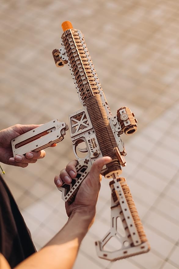 Wood Trick Gun AR-T 3D Wooden Puzzles for Adults - with Telescoping Butt, Fuse, Sight and Clip for 12 Rounds - Detailed Construction - 23x8″ - Model Kit for Adults to Build - 14+