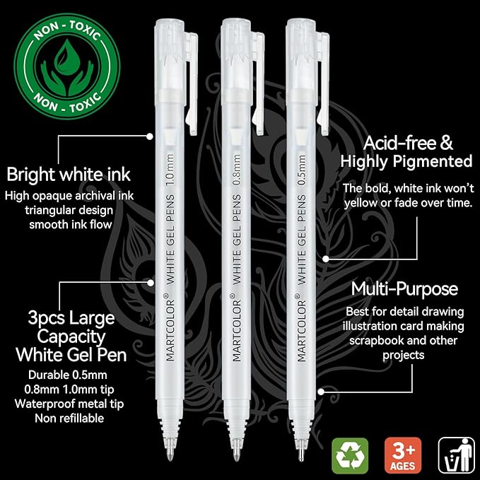 White Gel Pens, 05/08/10mm Assorted Tip Opaque Archival Ink Pen for Journaling, Art, or Drawing - For Holiday Gifts & DIY Projects, White Gel Pens for Art Highlight, 3 Pack