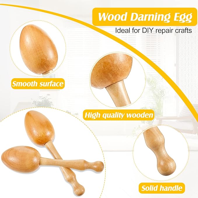 Yalikop 2 Pieces Wooden Darning Egg for Socks Wood Darning Supplies for Egg with Handle for Socks Clothes Adults Darner DIY Handicraft Travel Home Sewing Care