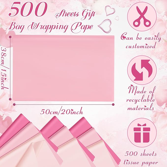 Qilery 500 Sheets Light Pink Tissue Paper Bulk for Gift Bags 15 x 20 Inch Acid Free Valentine's Day Packaging Wrapping Paper Sheets for Wedding Decoration DIY Flower, Pom Poms Craft Supplies