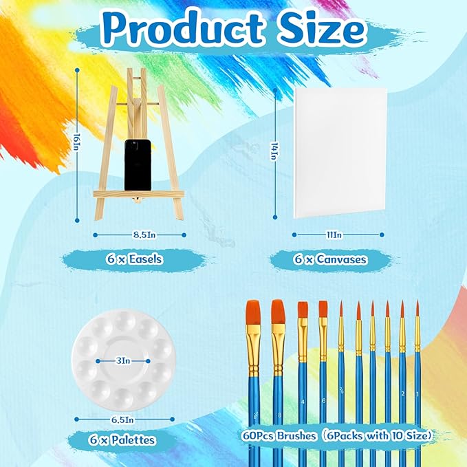 78 Pcs Painting Supplies-6*(16" Easels+11"x14"Stretched Canvases)+60 Brushes+6 Palettes,Paint Set for Paint Parties,Sip and Paint,Couples Painting Kits for Adults, Kids,Students,Artists,Beginner