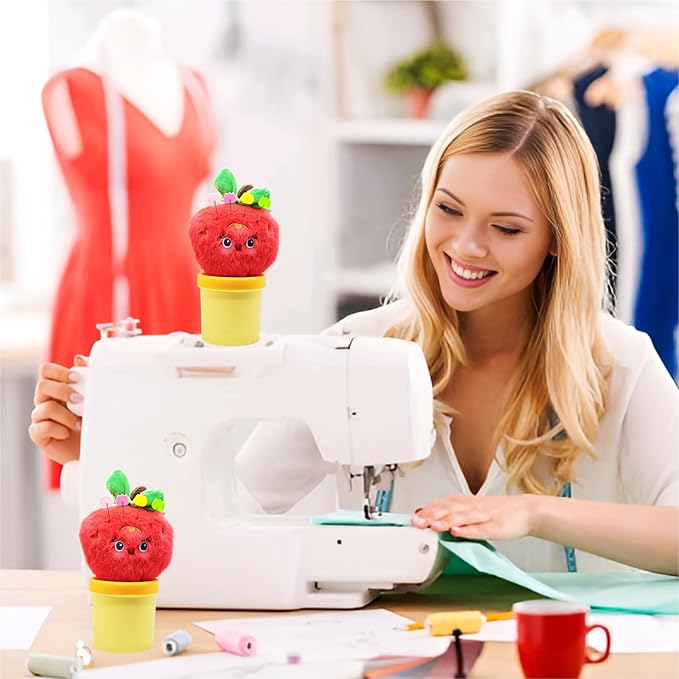 Strawberry Pin Cushion Sewing Tool Set with Magnetic Storage, Including 50 Cute Flowers Needles, Threader, Thimble ＆Tape Measure, Pin Holder for Sewing DesksApplique & Patchwork Crafter.