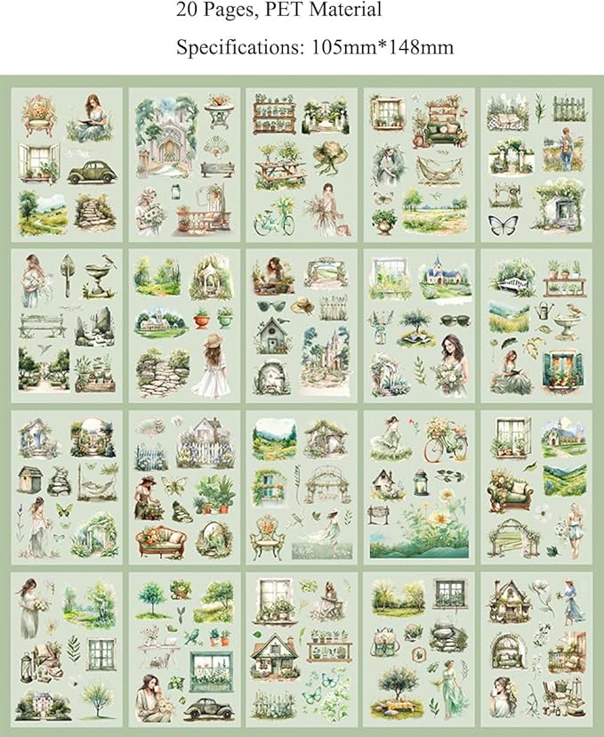 MAFELOE 20 Pages PET Scrapbook Stickers, Aesthetic Deco Supplies for Journaling Junk Bullet Diary Album Calendars-Travel Scenery Series-Green (Y3-P-SSYS)