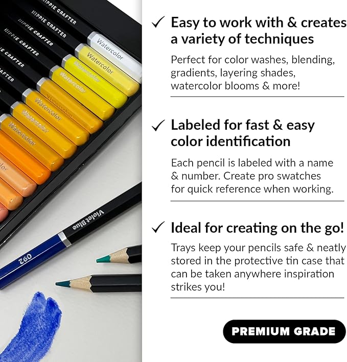 HIPPIE CRAFTER Watercolor Colored Pencils, Professional 72-Piece Set, Bulk Water Color Pencils for Adult Coloring, Painting, Drawing, and Art for Artists and Beginners