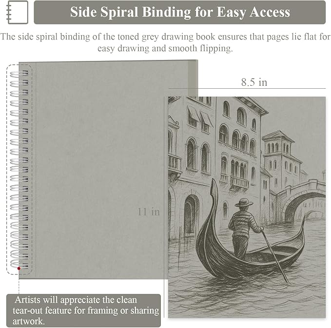 SuFly Toned Gray Sketchbook 8.5" x 11" - 60 Sheets Spiral Bound Artist Drawing Pad, 85lb/130gsm Toned Gray Paper for Graphite, Charcoal, Colored Pencils and Gel Pens.