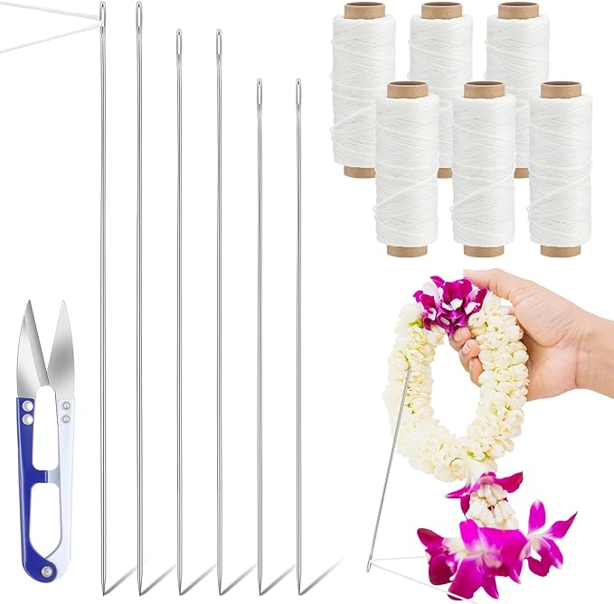 Leriton 13 Pcs Lei Needle Kit Include 6 Pcs Stainless Steel Long Needle 6 Twine 1 Sewing Scissors for DIY Marigold Garland Hawaiian Flowers Bead Stitch Craft(14'', 12'', 9.1'',Basic Style)