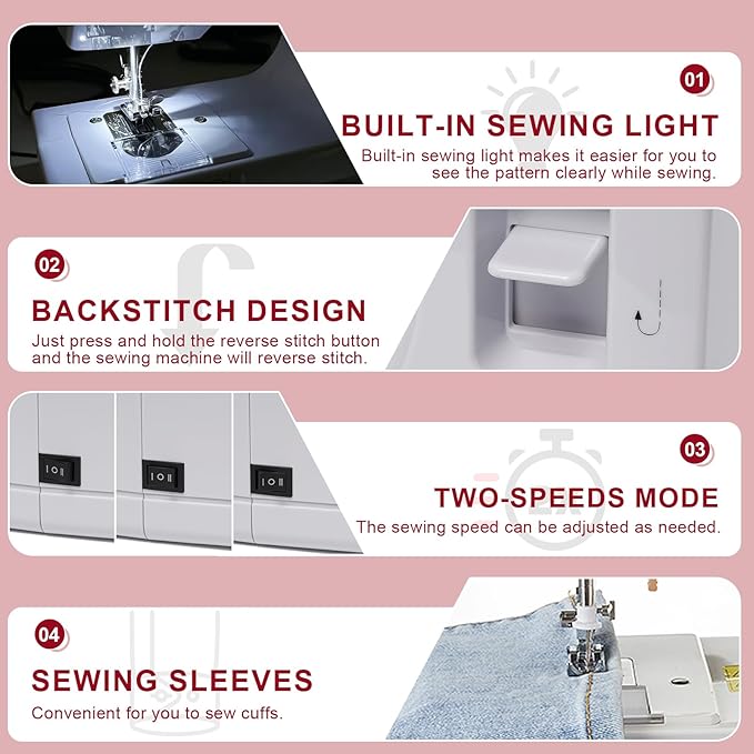 Portable Mini Sewing Machine for Beginners, Easy to Use with LED Light, 12 Built-in Stitches, 2 Speed with Foot Pedal, Reverse Sewing & 42-Piece Kit for Adults, Home, Travel, and Craft Projects
