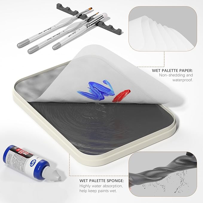 Wet Pallet for Painting Miniatures - Golden Maple 2 in 1 Dry and Wet Palette with Lid, Including 11 Miniature Paint Brushes,100PCS Palette Paper, 4PCS Sponges, Paint Brushes Holders