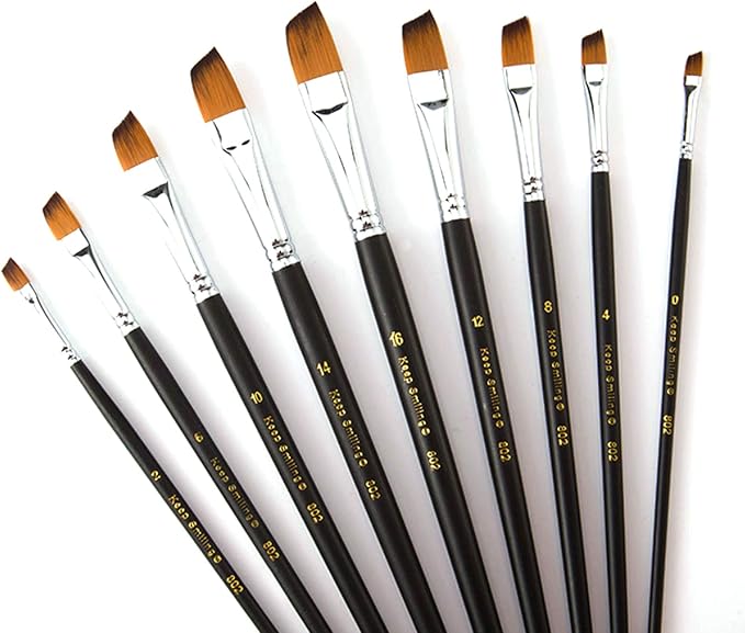 9 Pcs Angular Long Handle Artist Paint Brush Set, Quality Synthetic Hair and Wooden Handle for Acrylic Watercolor Oil Painting, Great for Beginners and Professionals