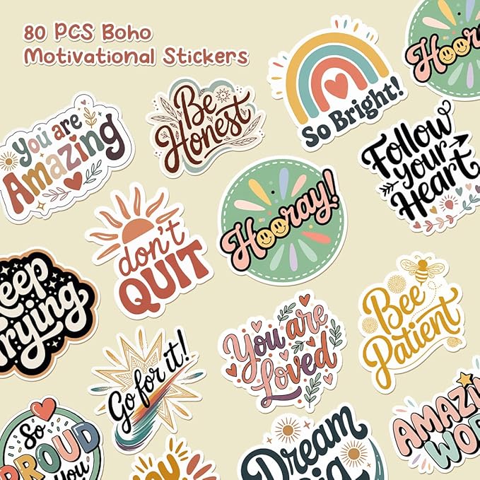 80PCS Boho Motivational Stickers - 5 Sheets Positive Encouragement Stickers, Motivational Reward Stickers for Kids, Teacher, Designs for Planners, Water Bottles, Scrapbooks, Reward Charts, Classroom