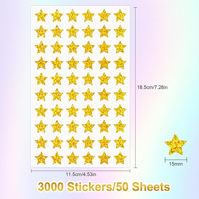 3000 PCS Star Stickers, 0.6" Sparkly Holographic Stickers, Kids Rewards Holographic Gold Star Stickers, Foil Star Stickers for Behavior Chart, Student Planner, School Classroom Teacher Supplies, DIY