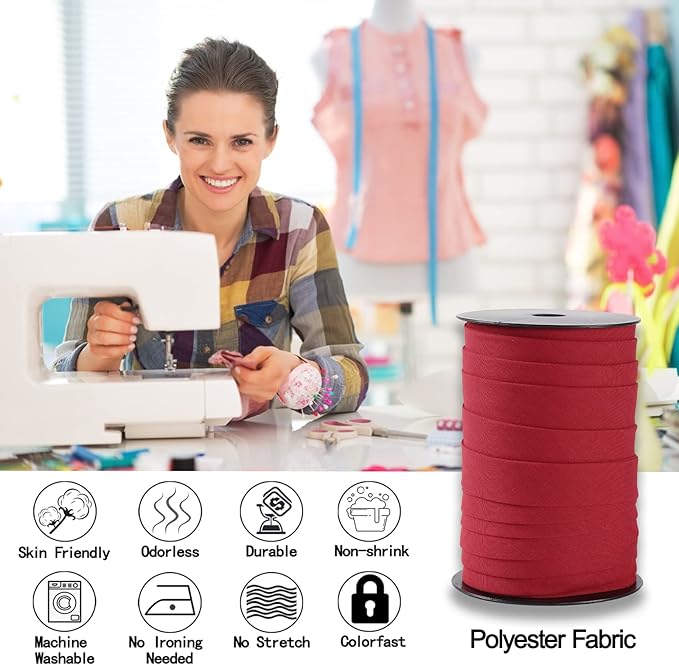 Bias Tape Double Fold 1 inch, Double Fold Bias Binding Tape 55 Yards (Red) and 4 Pieces Sewing Fabric Chalks for Crafts, Sewing, Seaming, Hemming, Piping, Quilting.