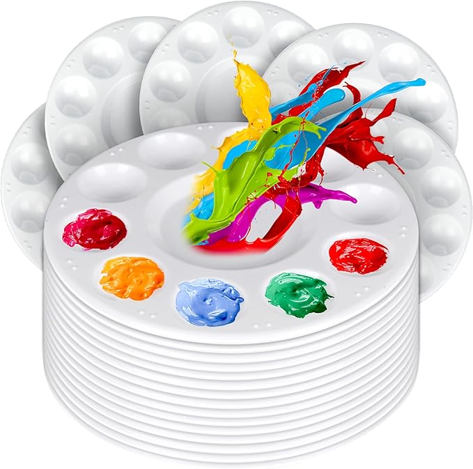FANDAMEI 20 PCS Round Plastic Paint Tray Palettes, Paint Palette Tray, Painting Supplies for Kids & Adults, Paint Pallets, Painting Palette with 10 Wells, for Art Painting or DIY