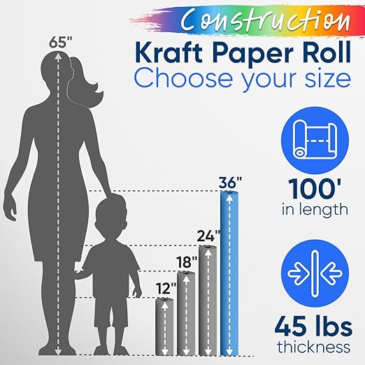 36" x 1200" (100 ft) USA-Made Multi-Color Construction Paper Rolls, 45 lbs/66 GSM, 12 Rolls – Deluxe Colored Kraft Paper for School and Art Projects, DIY, Crafts – Non-Toxic, Safe for Kids