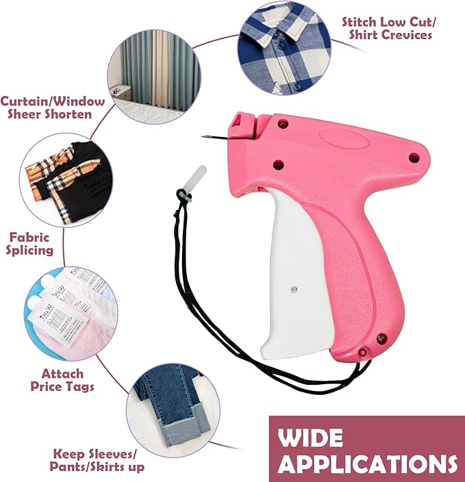 Portable Handheld Stitch Gun for Clothes Tagging, Quick Sewing, Hemming, and Fixing, with Sewing Kit including 5 Extra Needles,1000 pcs Black Fasteners & 1000pcs White Fasteners(5mm), PINK