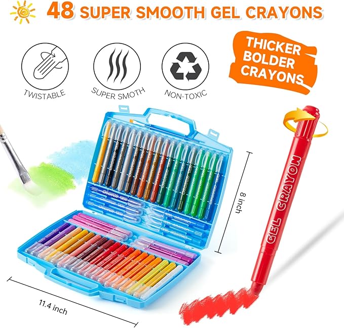 Shuttle Art 48 Colors Gel Crayons for Toddlers, Non-Toxic Crayons Set with 1 Brush and Foldable Case for Kids Children Coloring, Crayon-Pastel-Watercolor Effect, Ideal for Window Paper Glass