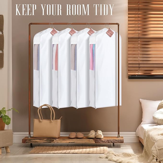 40" Short Cotton Garment Bag for Hanging and Storage Clothes with 4 Cedar Blocks for Fresh Smell, Breathable Hanging Bags for Closet Storage Fur Coat Suit Sweater Jackets, 6'' Wide, White