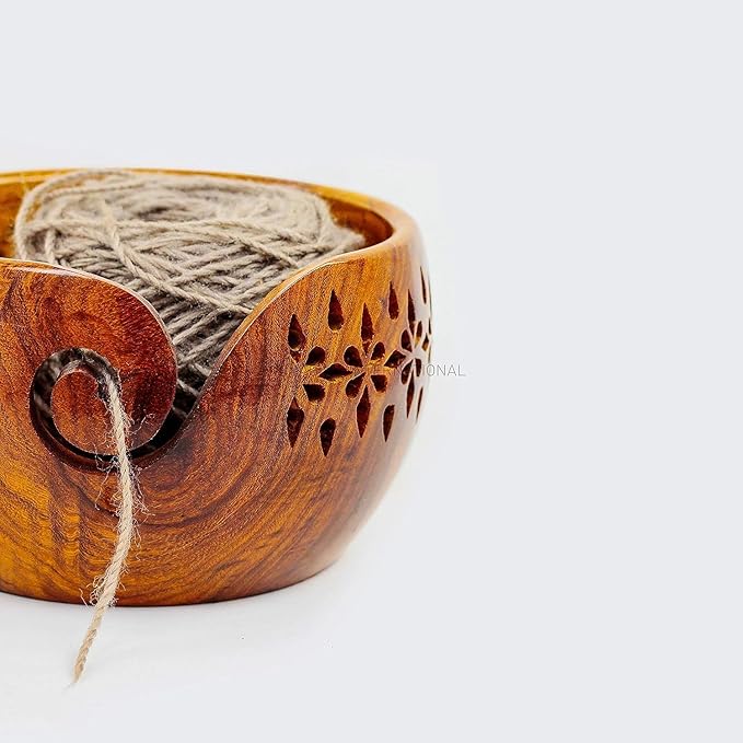 Nagina International Rosewood Crafted Wooden Yarn Storage Bowl With Carved Holes & Drills | Knitting Crochet Accessories (XL)