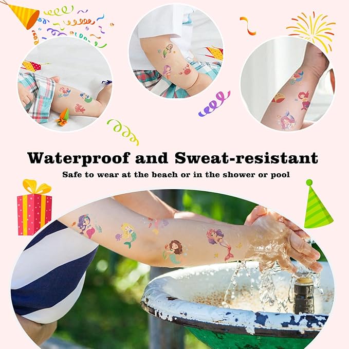 104 PCS Mermaid Temporary Tattoos for Kids Girls Birthday Decorations, Mermaid Fake Temp Tattoos Party Favors for Under The Sea Party Decorations Supplies