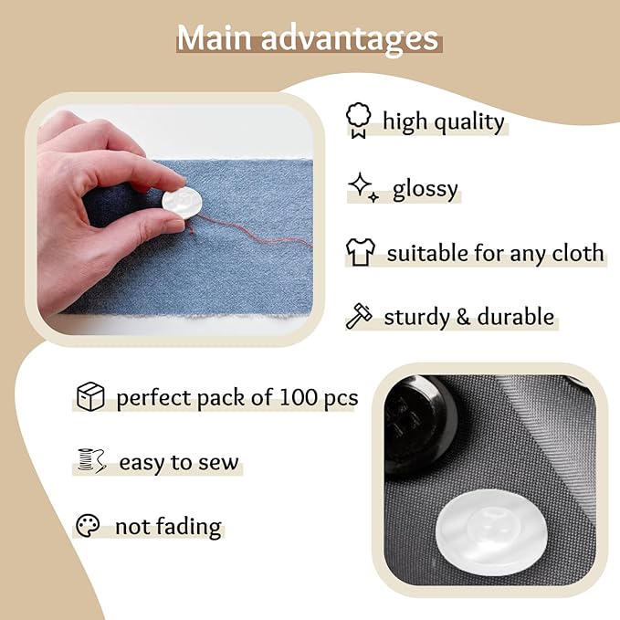 100 Pcs Clear Buttons for Sewing 3/4" (19 mm) 4 Hole 30L Imitation Pearl 0.75 inch Plastic Large Transparent Glossy Sewing Buttons for Work Uniforms Workwear School Outfits Aprons Pants Bags DIY