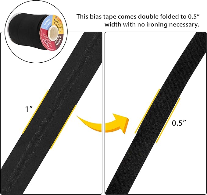 Mandala Crafts 55 Yards 1/2 Inch Black Double Fold Bias Tape for Sewing - Bias Binding Tape for Quilting Binding, Hemming, Seam, and Fabric Piping