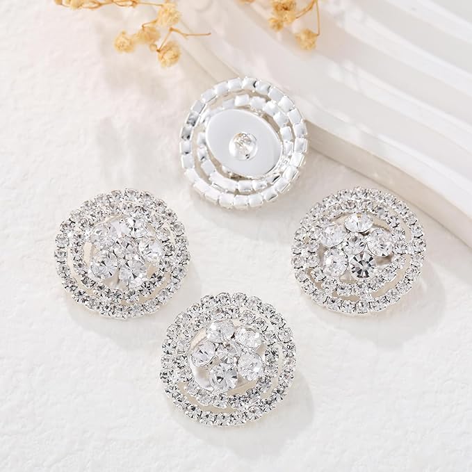 4Pcs Sliver Rhinestone Buttons Crystal Embellishments for Clothing Jewelry Making DIY Decoration Bottons for Sewing Crafts Wedding Bridal (silvery-09)