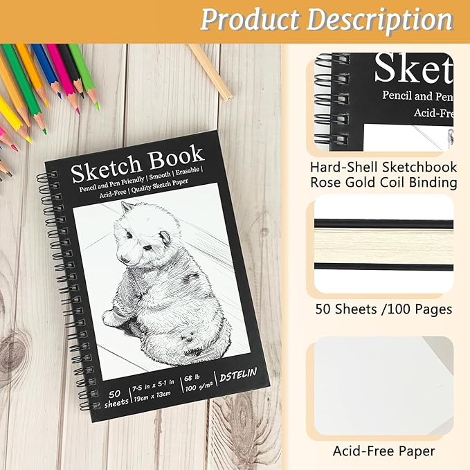 DSTELIN 7.5 x 5.1 Inch Sketch Book, 50 Sheets,100gsm, Spiral Bound Black Hardcover with Dog Cover, Ideal for Sketching and Drawing