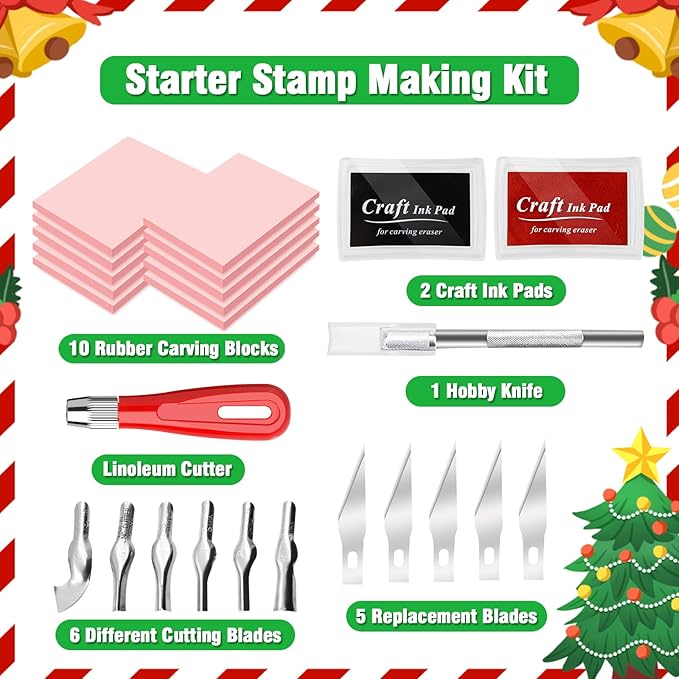 WAYCOM 10-Pack Linoleum Blocks for Printmaking with Cutter Tools, Rubber Stamp Making Kit Rubber Block Stamp Carving Blocks Craft Ink Pad Hobby Knife Pencil for DIY Printmaking,Printing and More