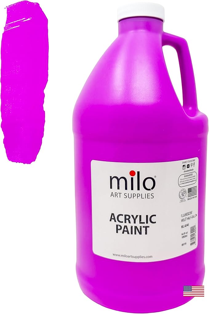 milo Fluorescent Purple Neon Acrylic Paint | 64 oz Bottle Half Gallon | Glows UV in Black Light | Non-Toxic Made in USA | Bulk Art Paint for Party, Student, Classroom, Artist | Paint in the Dark
