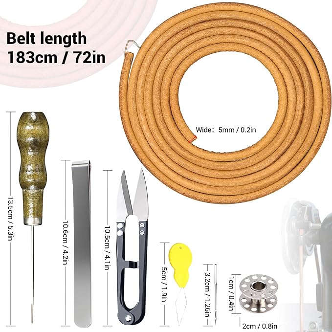 2 PCS Treadle Sewing Machine Belt, 72 Inch 3/16" Replacement Leather Belt with Hook for Singer/Jones Sewing Machine - 31 PCS Accessories Included