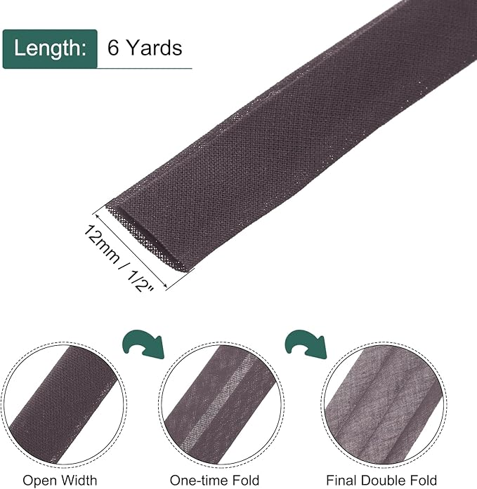 MECCANIXITY 1/2 Inch Double Fold Bias Tape Continuous Bulk Cotton Bias Tape for Sewing Seaming Quilting Hemming Binding Crafts (Dark Brown 6 Yards)