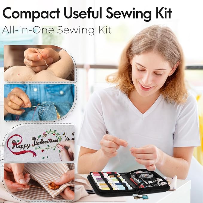 Coquimbo Sewing Kit Stocking Stuffers Christmas White Elephant Gifts for Adults Teen Girls Grandma Beginner Traveler, Portable Sewing Supplies Accessories with Thread, Needles, Scissors (Black, M)