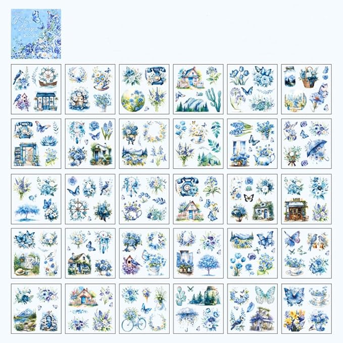 MAFELOE 30 Pages PET Scrapbook Stickers of Creative Flowers Theme, Aesthetic Deco Journaling Supplies for Junk Bullet Diary Album Calendars-Blue (Y3-P-WSSL)