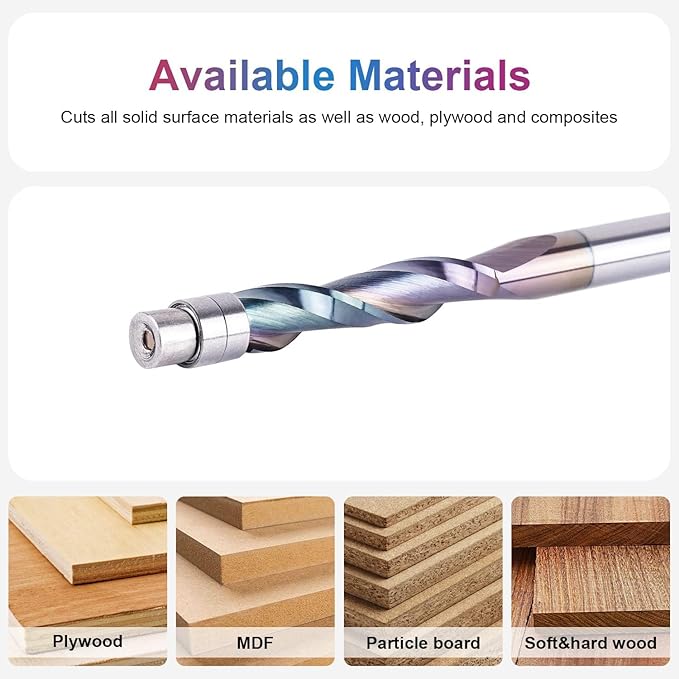 SpeTool 2PCS Upcut Spiral Flush Trim Router bit 1/4 Inch Shank 1-1/8 Inch Cutting Length Extra Long 3 Inch OVL,Carbide CNC Router Bit for Triming