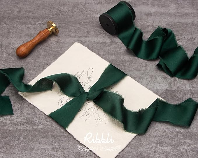 Ribbli Forest Green Silk Satin Ribbon 1.5 Inch x 30 Yard Handmade Frayed Chiffon Forest Green Ribbon for Gift Wrapping Wedding Invitations Bridal Bouquets Home Decor