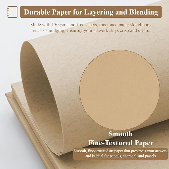 SuFly Toned Tan Paper Sketchbook, 5.5x8.5 Inches, 60 Sheets - 90lb/150gsm Tan Drawing Paper for Mixed Media, Charcoal, Graphite, Colored Pencils & White Gel Pens, 100% Recycled, Wire-O Bound.