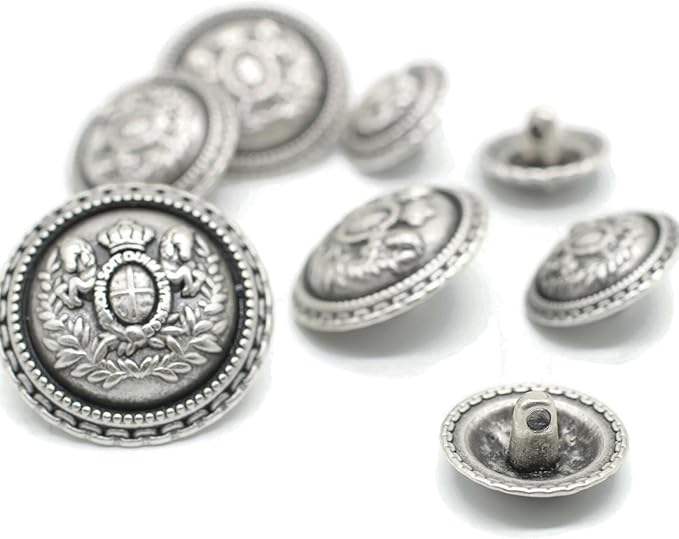 Antique Silver Metal Buttons - 12 Pcs - 5 Size Options - Twin Horse Round Metal Shank Buttons Vintage for Men Women Blazer Coat Uniform Shirt Suit and Jacket Sewing Craft DIY N13601