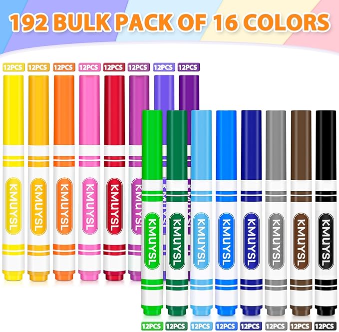 KMUYSL Washable Markers Bulk, 12 Assorted Colors - Broad Line Conical Tip Coloring Markers, School Art Supplies, Back to School Essentials & Teacher Classroom Must Haves (192 Pcs)