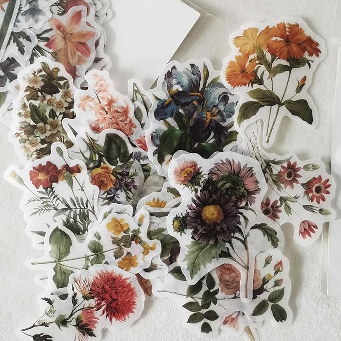 53-Piece Vintage Floral Washi Stickers – Retro Watercolor Aesthetic Botanical Flower Scrapbooking Stickers for Journals, Card Making, Decorative Art Crafts Projects