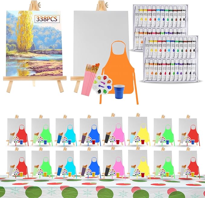 Rabbitale 338 Pcs Art Painting Kit Supplies Set for Party - 180 Paint Brushes, 48 Acrylic Paints, 18 Wood Easels & Canvas Panels & Palettes & Aprons & Wash Pen Cup, 2 Plastic Tablecloth