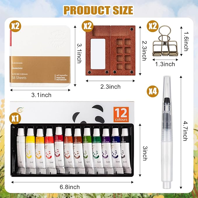 Mini Watercolor Travel Set, Mini Watercolor Paint Set with 2 Wooden 8-Grid Palette, 12 Colors Paint, 2 Sketch Books and 4 Brushes, Copper Clip and Sketchbook for Travel Painting