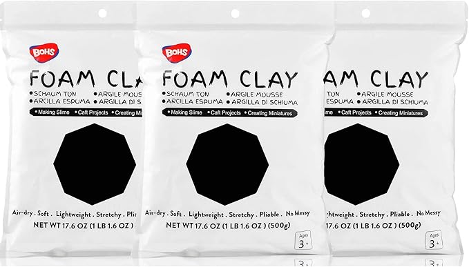 BOHS Black Foam Clay,3pcs 3.3 Lbs - Squishy,Soft, Air Dry -for School Project,Cosplay Mask, Slime Addition Supplies
