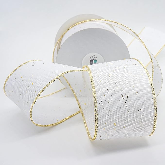 CT CRAFT LLC Whtie Burlap Fabric Confetti Glitter Wired Ribbon 2.5" x 10 Yards White Color for Christmas Home Wedding Decor Gift Wrapping Tree Topper Bow Wreath Bouquet DIY Crafts