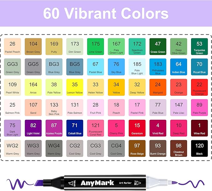 AnyMark Alcohol Markers, 60 Colors Dual Tip Art Coloring Markers Set for Adult Book Drawing Sketching Painting, Chisel & Fine, Black Penholder