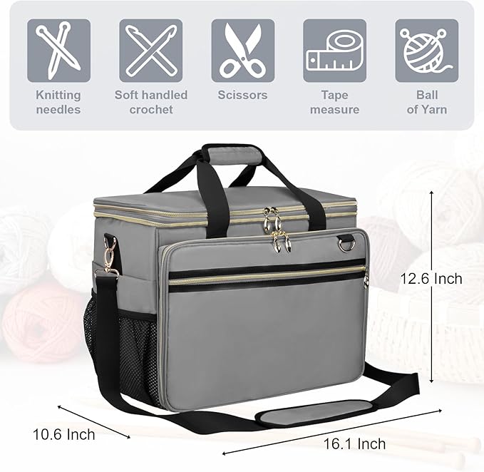 Large Crochet Bags Knitting Bags Yarns Storage Tote, Yarn Bag with Clear Top Lid, Unfinished Project Compartment, 6 Yarns Holes. Holds Knitting Needles, Crochet Hooks, Yarn, Gray, (Bag Only)