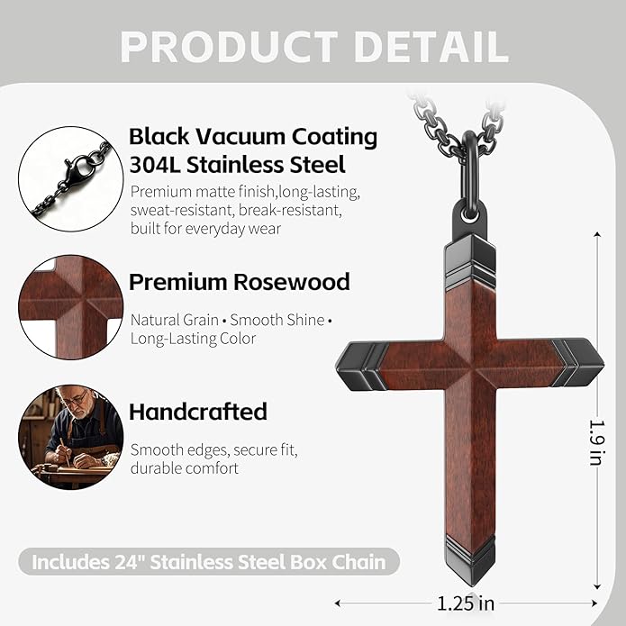 Wooden Cross Necklace for Men and Women 304L Stainless Steel Durable Snag-Free Box Chain with Reinforced Clasp Christian Jewelry Gift for Dad/Son/Husband/Loves/Friends