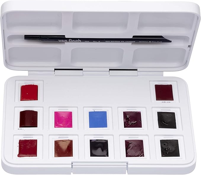 Van Gogh Watercolor Paint Set, Plastic Pocketbox, 12-Half Pan Pinks & Violets Selection