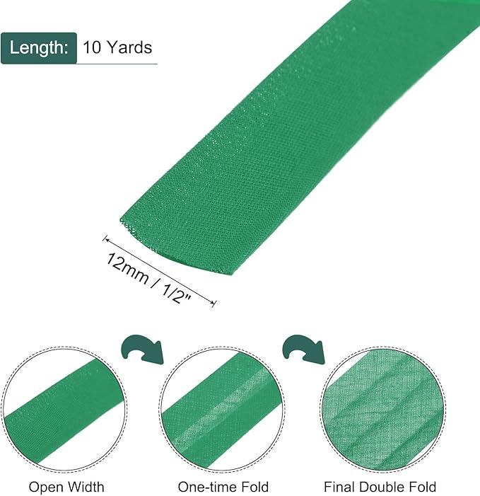 MECCANIXITY 1/2 Inch Double Fold Bias Tape Polyester Continuous Bulk Bias Tape for Sewing,Seaming Quilting Hemming Binding Crafts (Green 10 Yards)