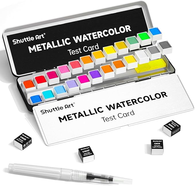 Metallic Watercolor Paints, Shuttle Art 24 Colors Glitter Watercolor Paint in Half Pans with Water Brush Pen Watercolor Pad &Mental Box, Art Supplies for WatercolorPainting, Illustrations, Calligraphy